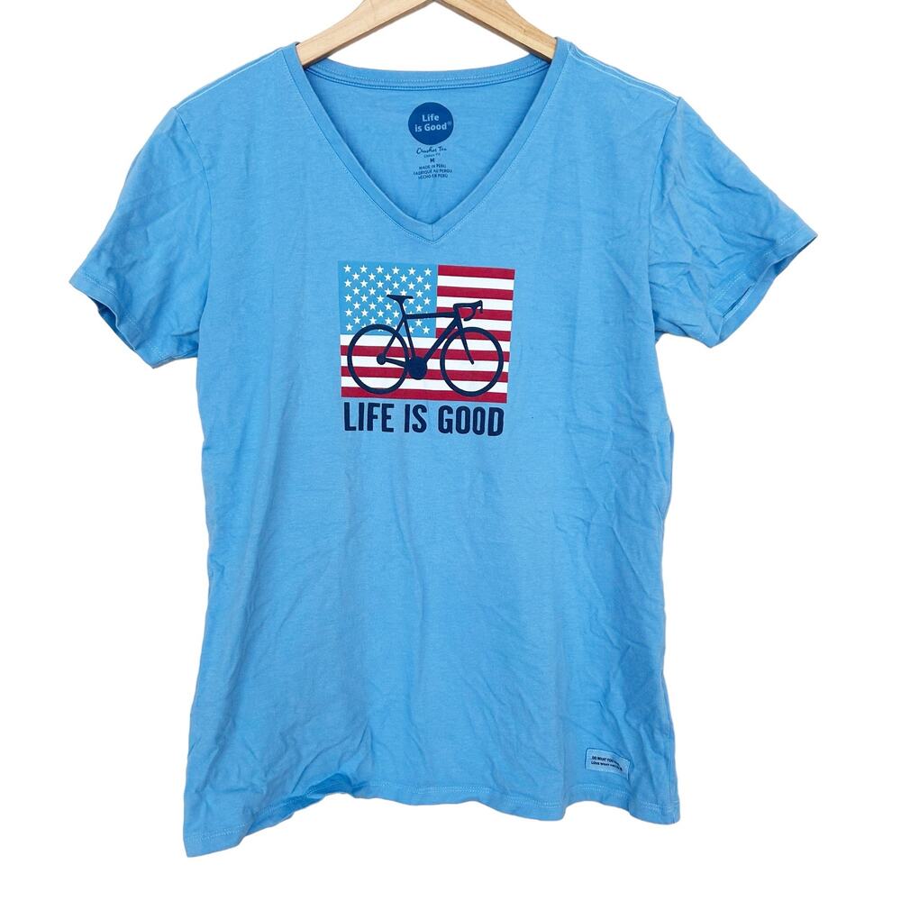Life is Good American Flag Bicycle Blue Short Sleeve T Shirt Sz M